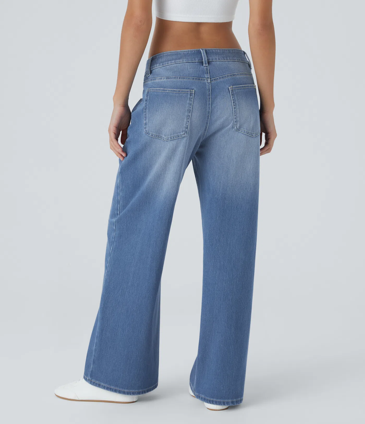Halara Flex™ lässige, verwaschene Baggy Jeans aus elastischem Strick-Denim mit niedrigem Bund, Knopf, Reißverschluss, mehreren Taschen und weitem Bein