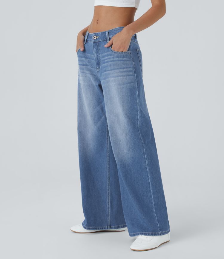 HalaraMagic™ Low Rise Button Zipper Multiple Pockets Washed Stretchy Knit Wide Leg Casual Jeans