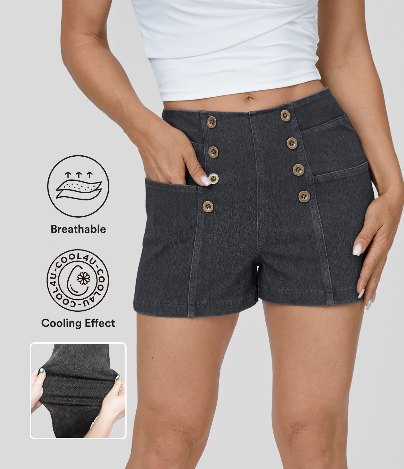 Halara Flex™ Short 2,5" en Denim Tricot Extensible Lavé Respirant à Taille Haute avec Boutons et Multiples Poches Toucher Frais