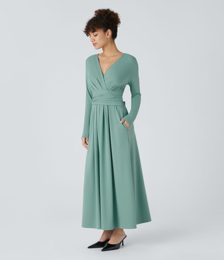 V-neck long-sleeve side pocket tie-back pleated casual dress