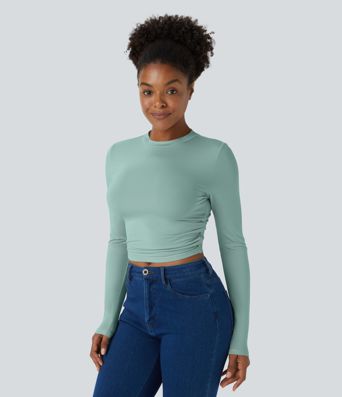Round Neck Long Sleeve Ruched Skinny Cropped Casual Top