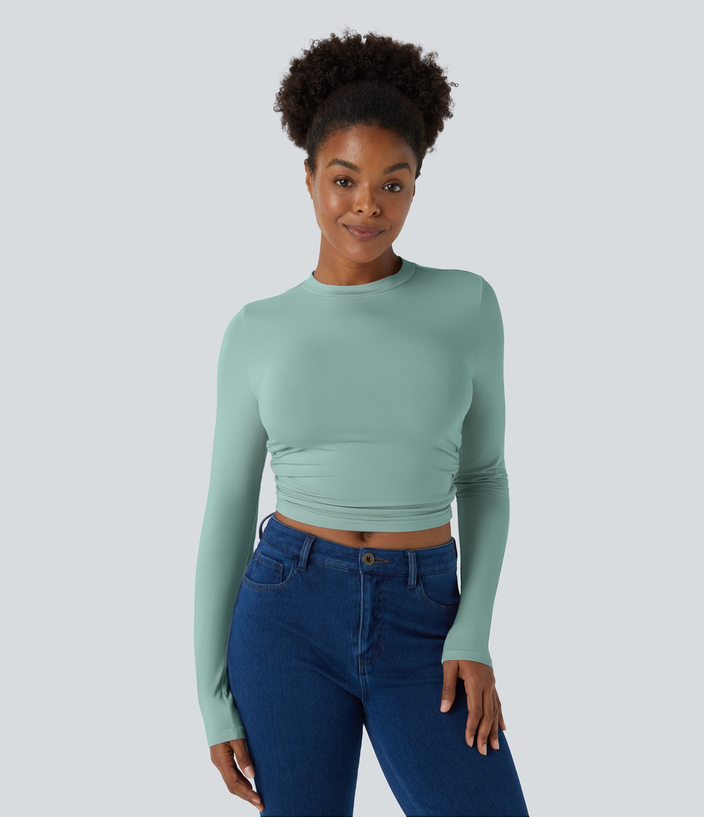 Round Neck Long Sleeve Ruched Skinny Cropped Casual Top