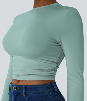Round Neck Long Sleeve Ruched Skinny Cropped Casual Top
