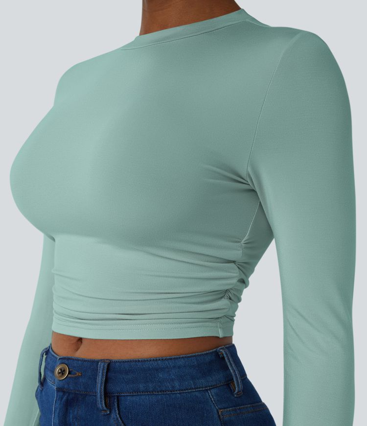 Round Neck Long Sleeve Ruched Skinny Cropped Casual Top