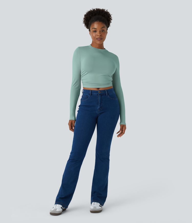 Round Neck Long Sleeve Ruched Skinny Cropped Casual Top