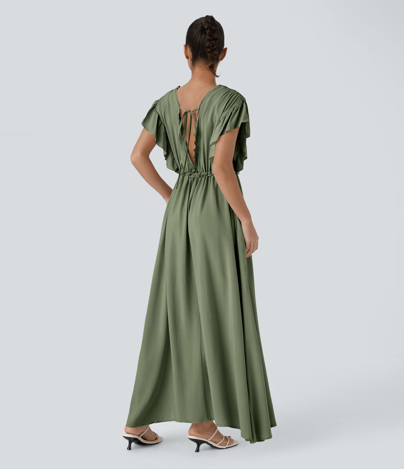 Robe Casual Maxi Flowy Encolure en V Profond Manches Papillon Dos Nu Cordon de Serrage Boutonnés Poches Latérales