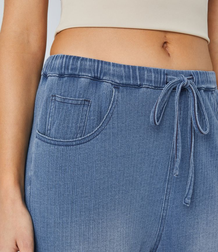 Halara Flex™ Mid Rise Drawstring Multiple Pockets Washed Stretchy Knit Casual Jeans