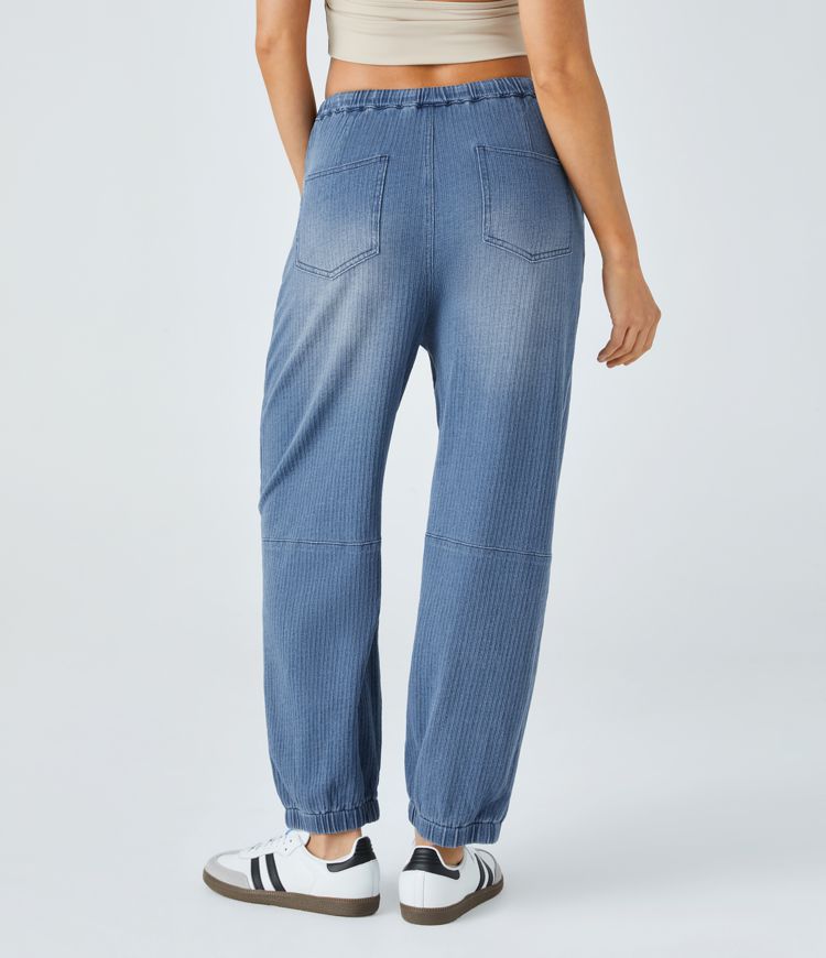 Halara Flex™ Mid Rise Drawstring Multiple Pockets Washed Stretchy Knit Casual Jeans