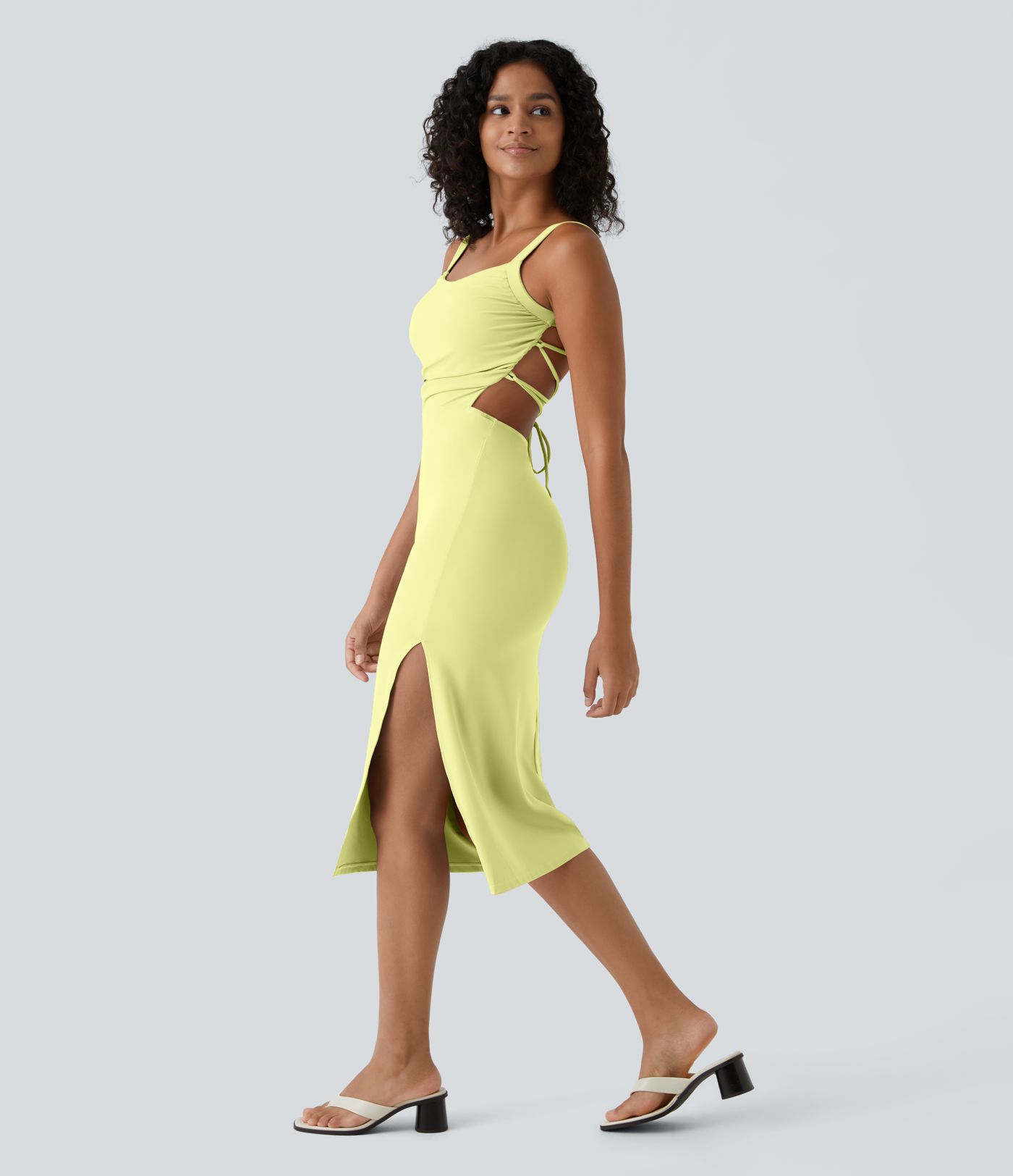 Ruched Lace Up Bodycon Midi Casual Dress