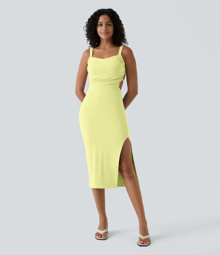 Ruched Backless Crisscross Lace Up Split Bodycon Midi Casual Dress