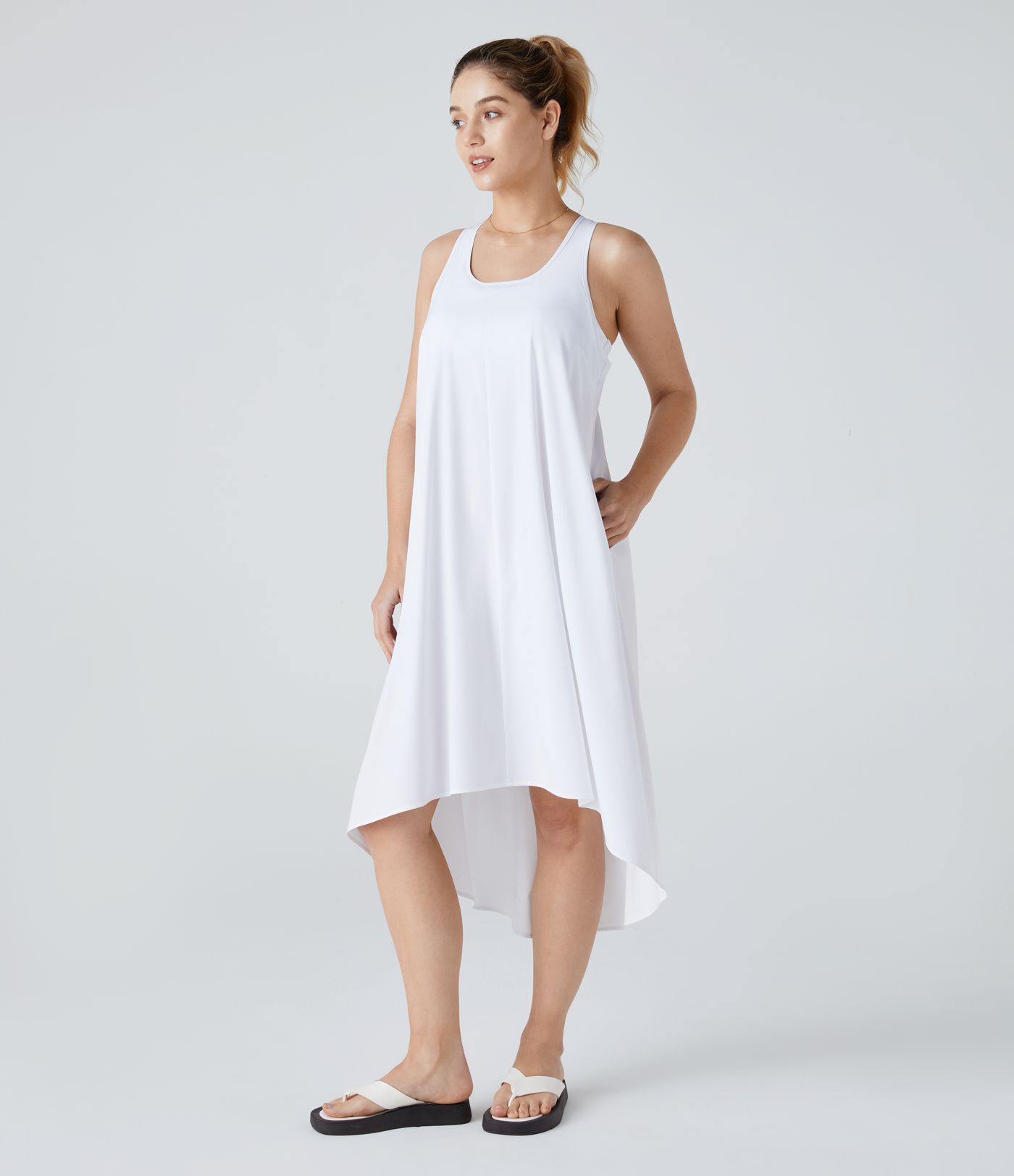Breezeful™ Backless Racerback Side Pocket High Low Flowy Midi Quick Dry Casual Dress A-C Cups