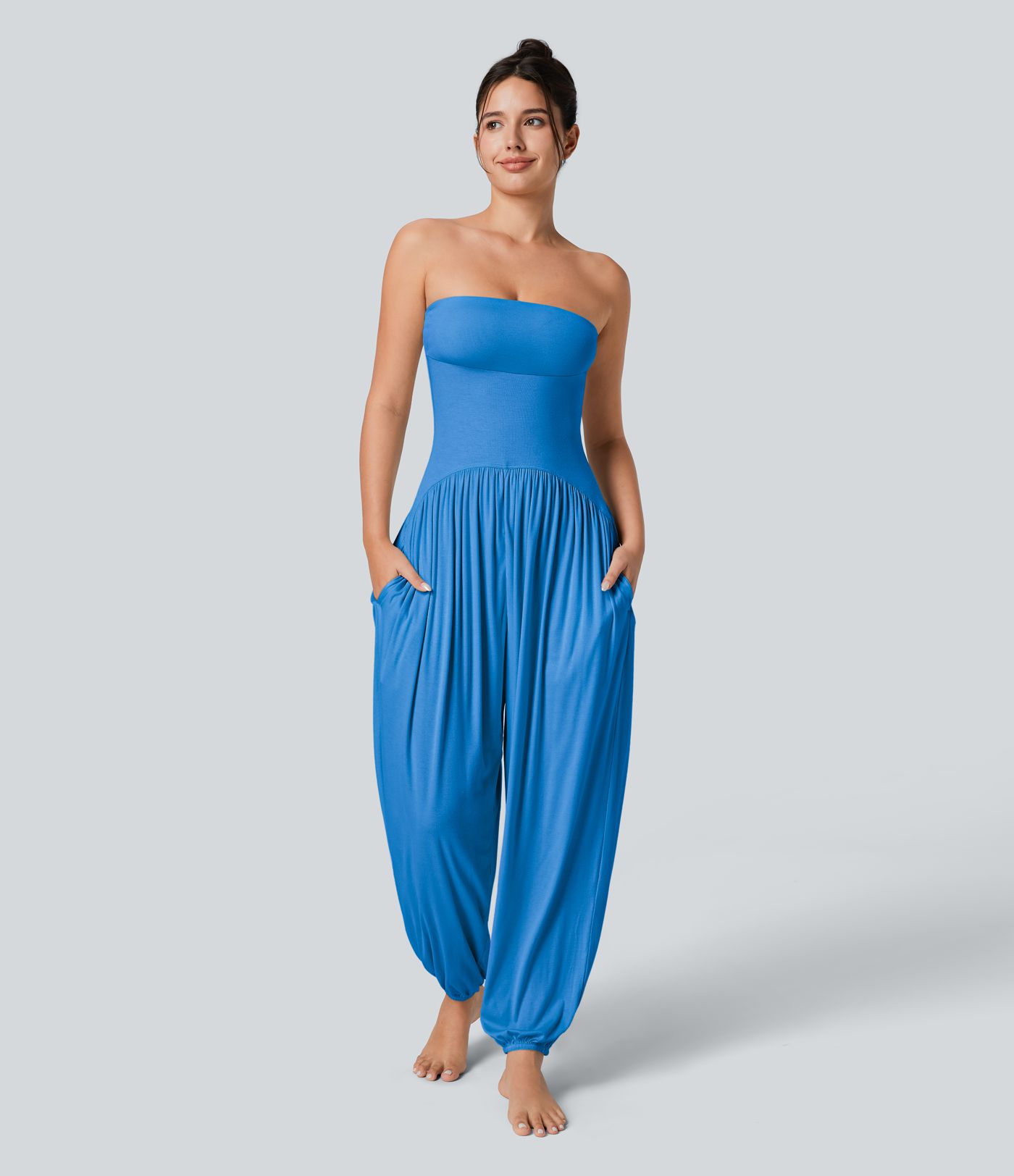 Ribbed Tube Backless Side Pocket Casual Jumpsuit