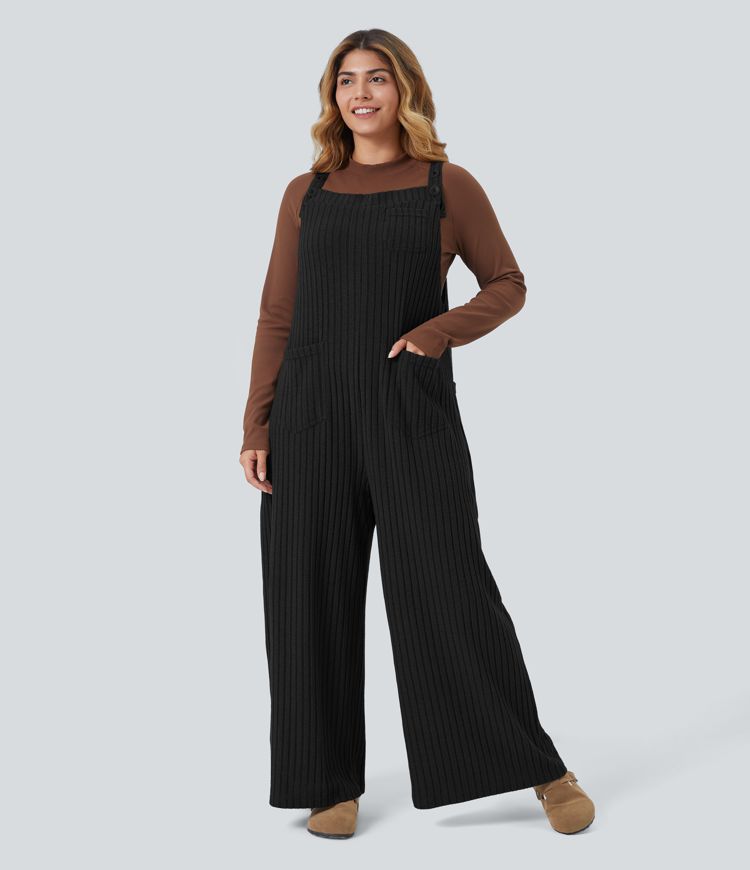 Ribbed Knit Casual Plus Size Overalls with Pockets