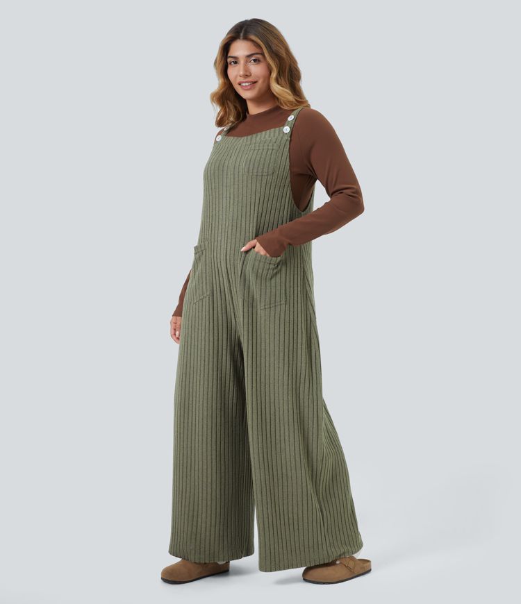 Ribbed Knit Casual Plus Size Dungarees with Pockets