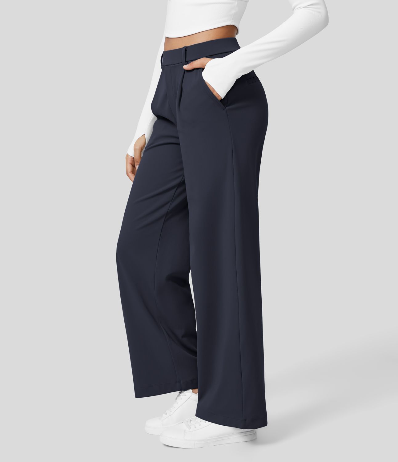 Pantalones de oficina rectos de tiro alto con bolsillos laterales