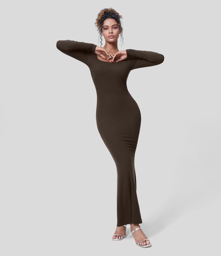 Women’s Ribbed U Neck Long Sleeve Bodycon Maxi Party Dress Halara