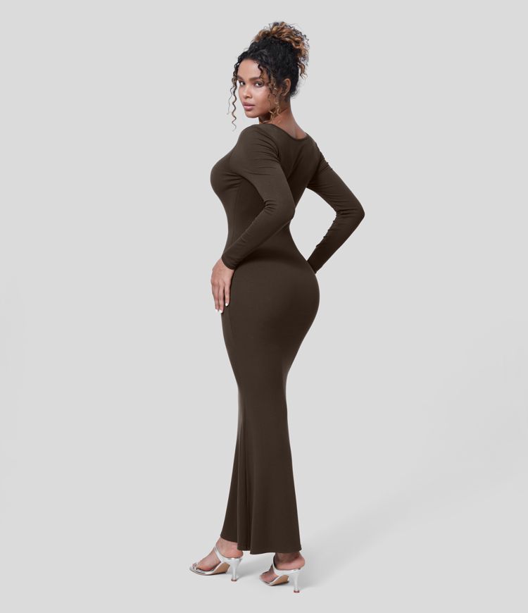 Women’s Ribbed U Neck Long Sleeve Bodycon Maxi Party Dress Halara