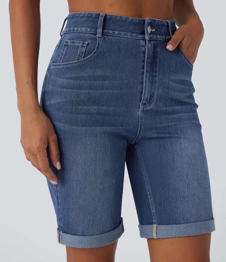 Halara Flex™ High Waisted Pockets Rolled Hem Washed Denim Casual Bermuda Shorts
