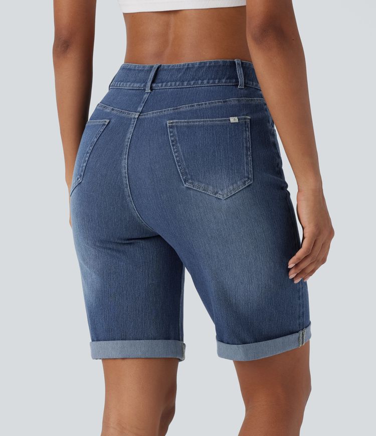 Halara Flex™ High Waisted Multiple Pockets Rolled Hem Washed Stretchy Knit Denim Casual Bermuda Shorts
