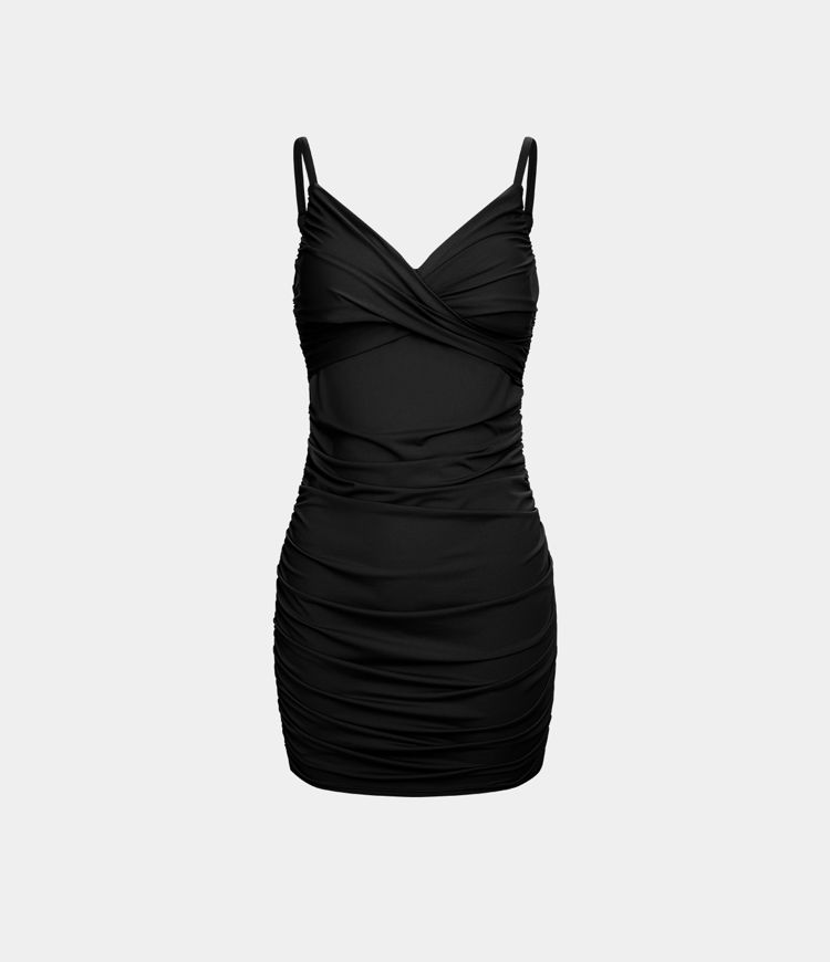 Robe Casual Mini Moulante à Profond Col en V Bretelles Réglables Dos Nu et Ruchée