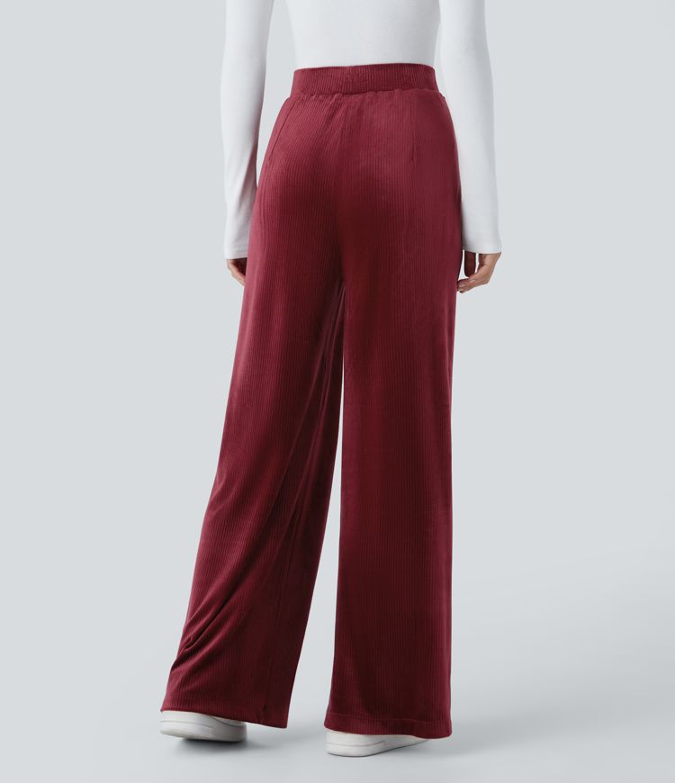Ribbed Velvet High Waisted Pocket Wide Leg Casual Pants