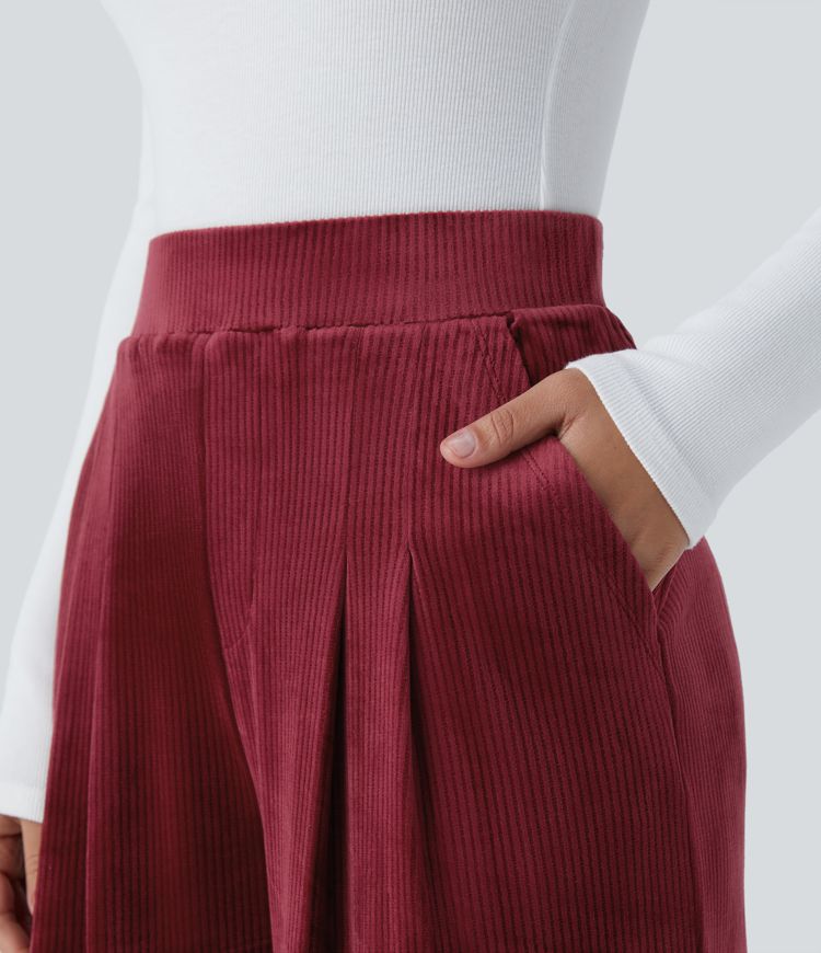 Ribbed Velvet High Waisted Pocket Wide Leg Casual Pants