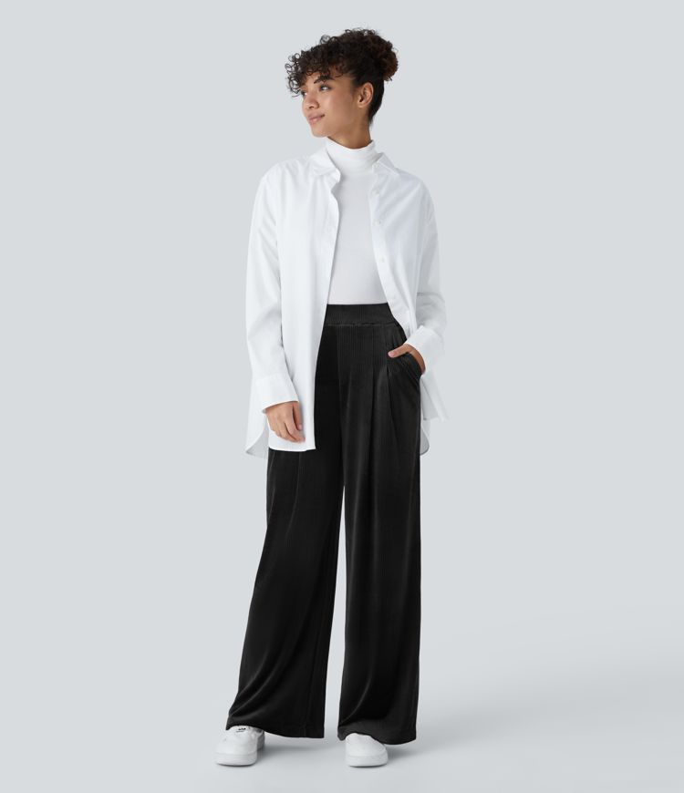Pantalon décontracté côtelé en velours taille haute avec plis, poches latérales et jambes larges