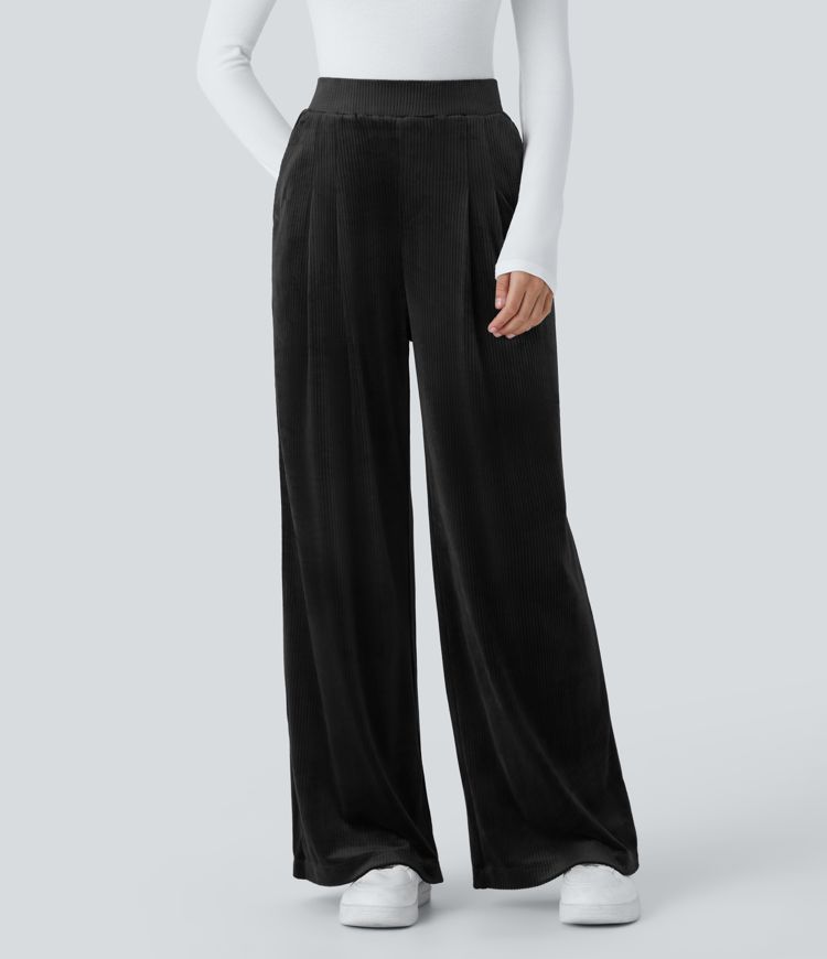 Ribbed Velvet High Waisted Pocket Wide Leg Casual Pants