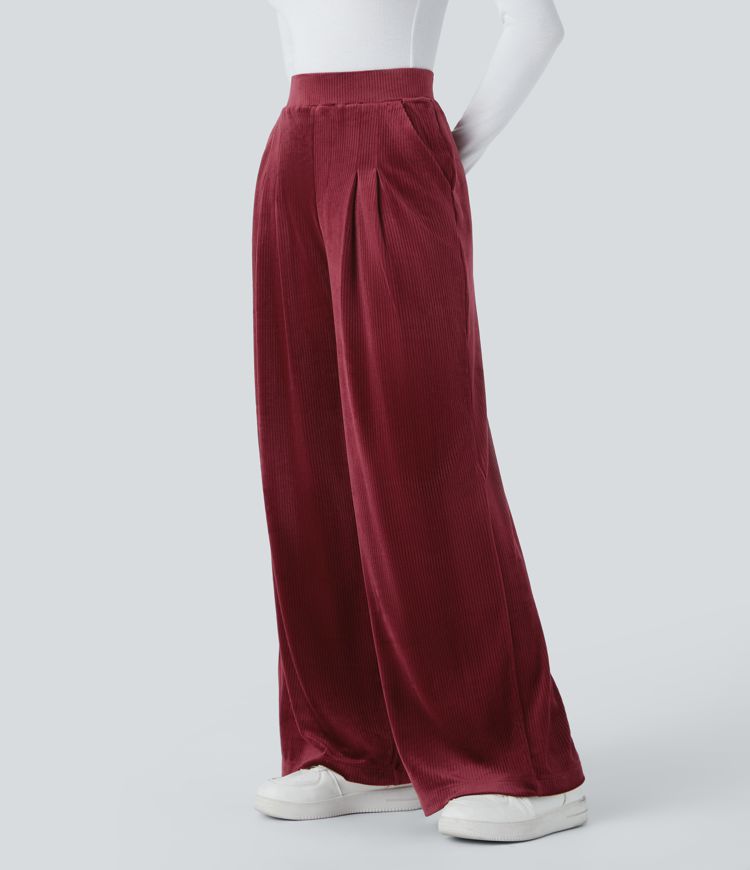 Ribbed Velvet High Waisted Pocket Wide Leg Casual Pants