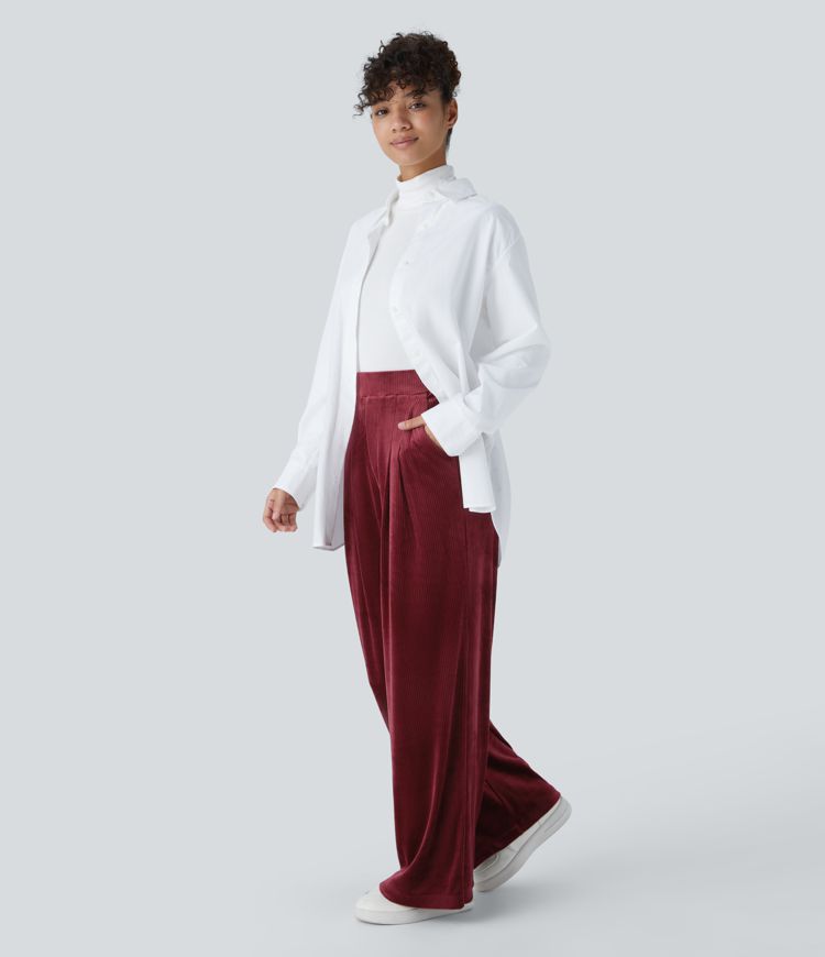 Ribbed Velvet High Waisted Pocket Wide Leg Casual Pants