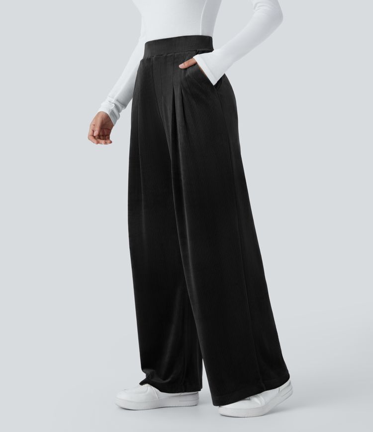 Pantalon décontracté côtelé en velours taille haute avec plis, poches latérales et jambes larges