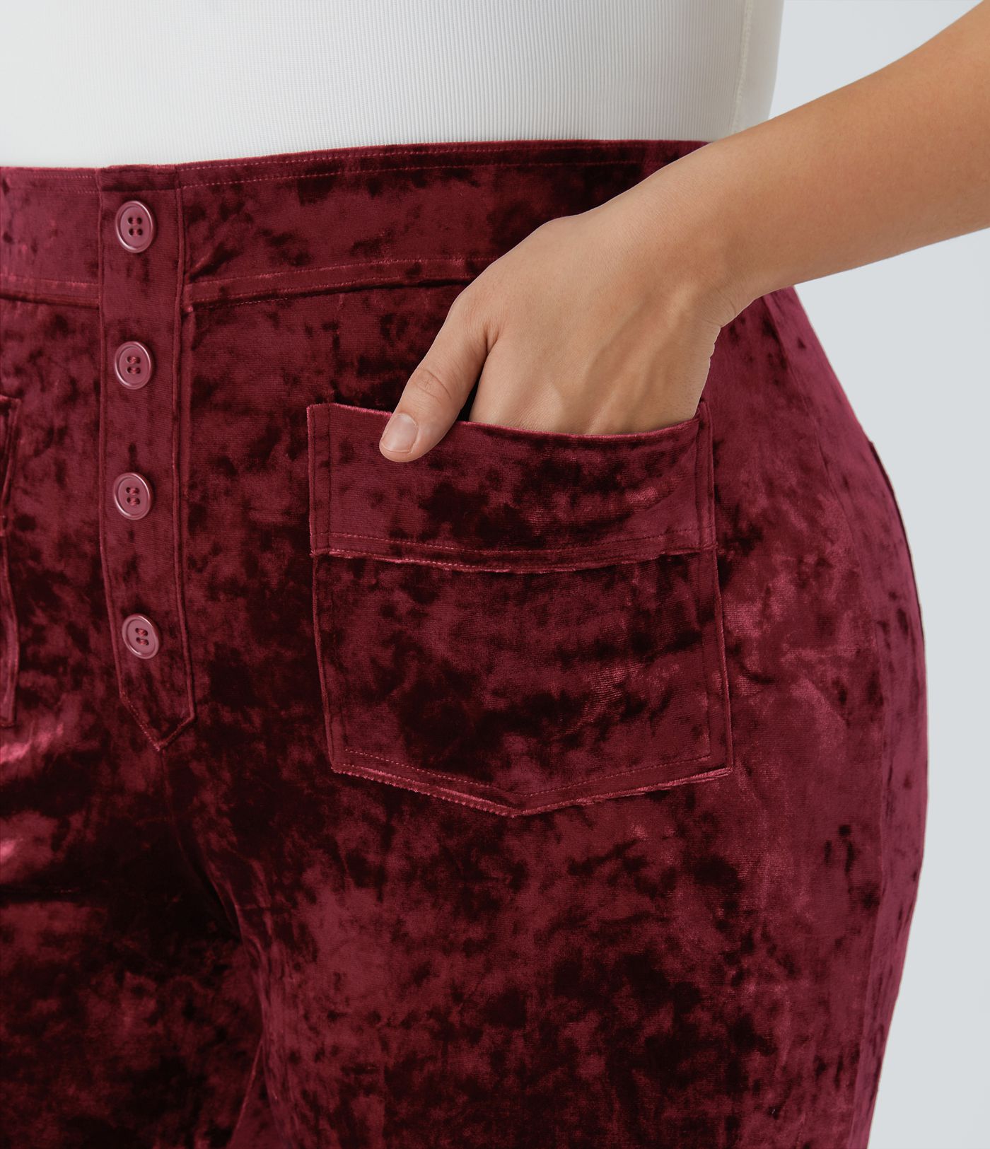 Pantalón terciopelo tiro alto botón múltiple bolsillo pierna recta talla grande