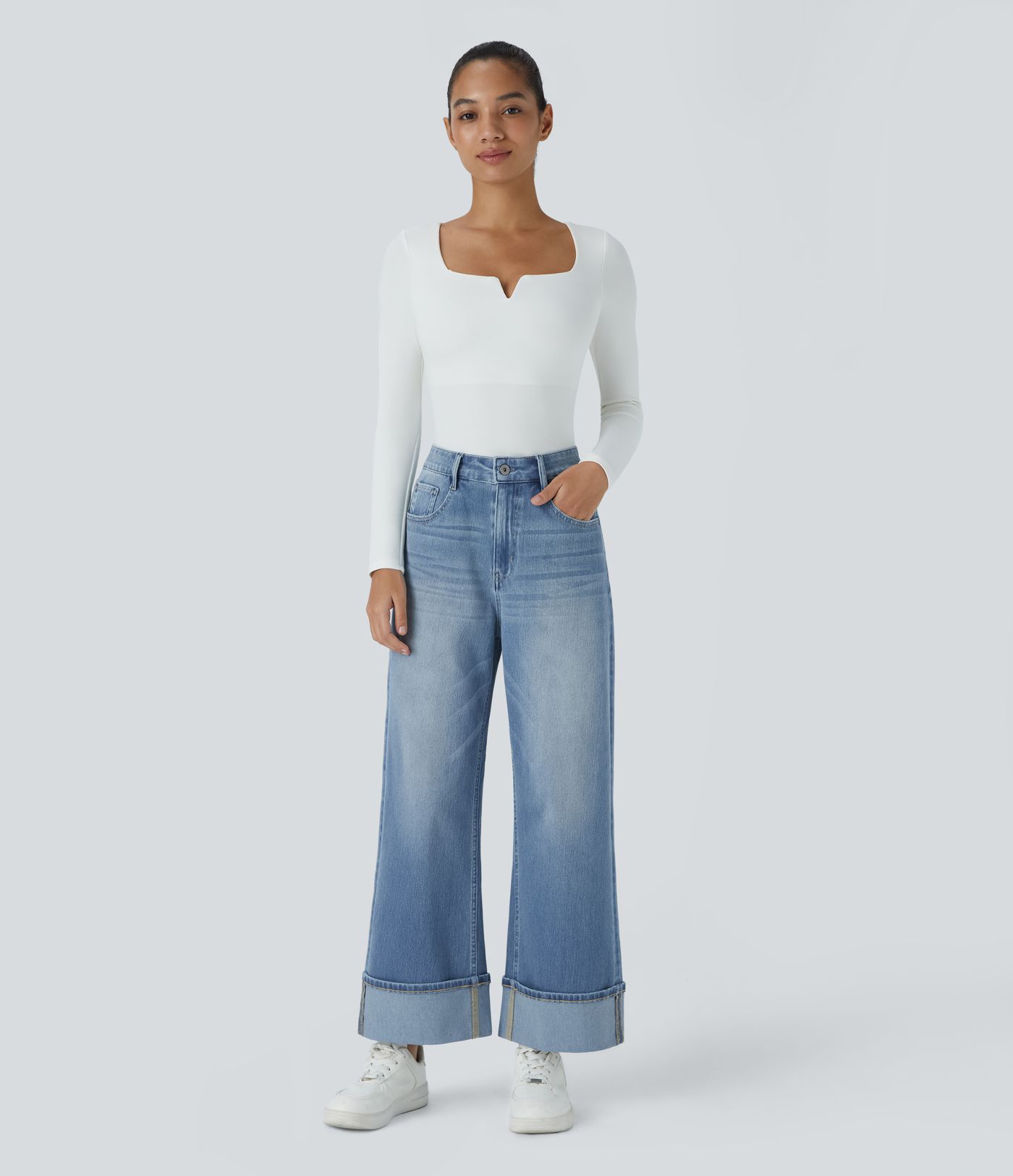 Halara Flex™ Jean Larges Taille Haute Ourlet Roulotté Multiples Poches