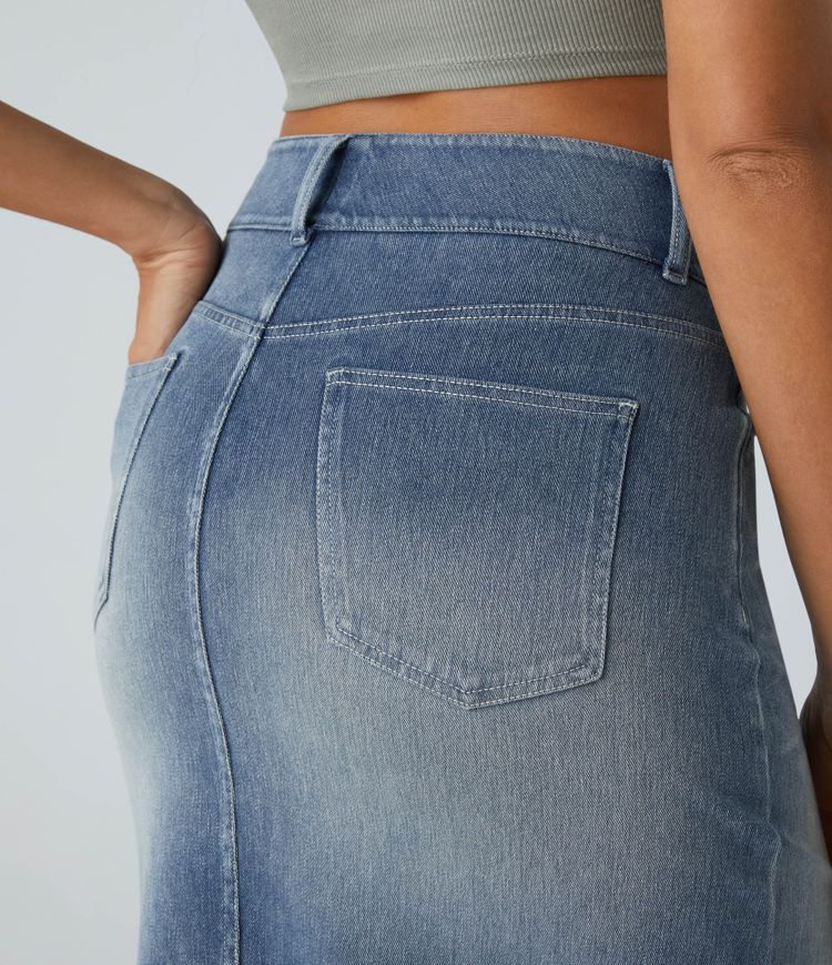 Halara Flex™ High Waisted Pockets Bodycon Washed Denim Casual Midi Skirt