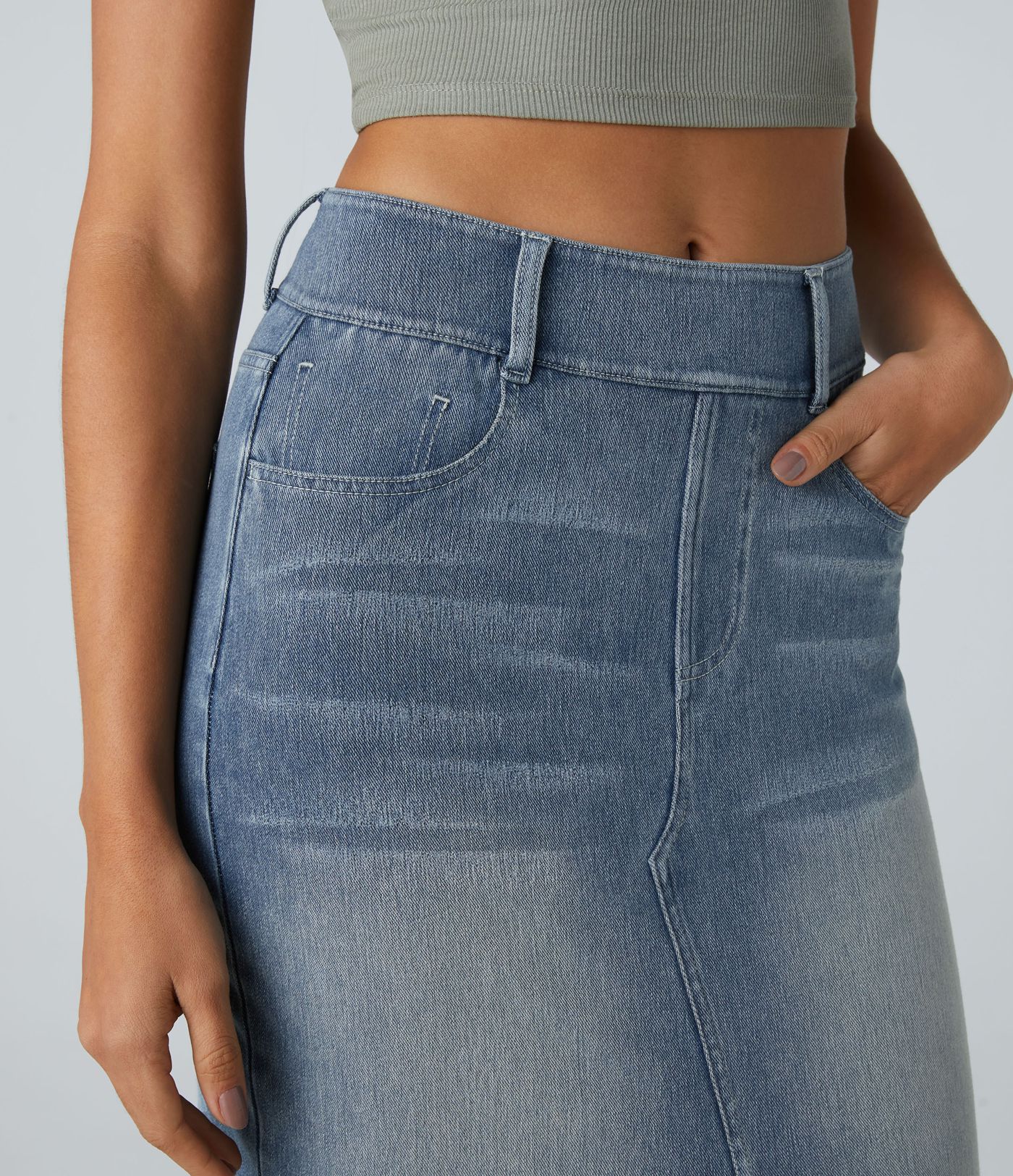 Halara Flex™ High Waisted Pockets Bodycon Washed Denim Casual Midi Skirt