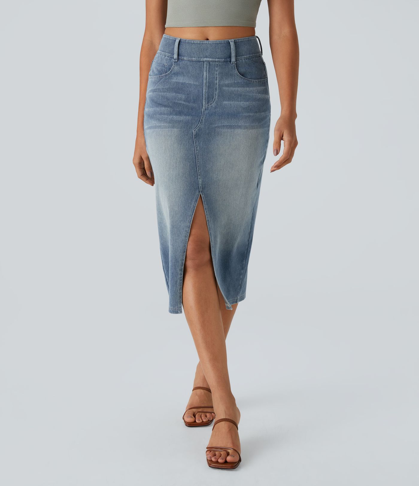 Halara Flex™ High Waisted Pockets Bodycon Washed Denim Casual Midi Skirt