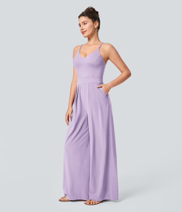 Breezeful™ Backless Side Invisible Zipper Pocket Wide Leg Quick Dry Resort Slip Jumpsuit
