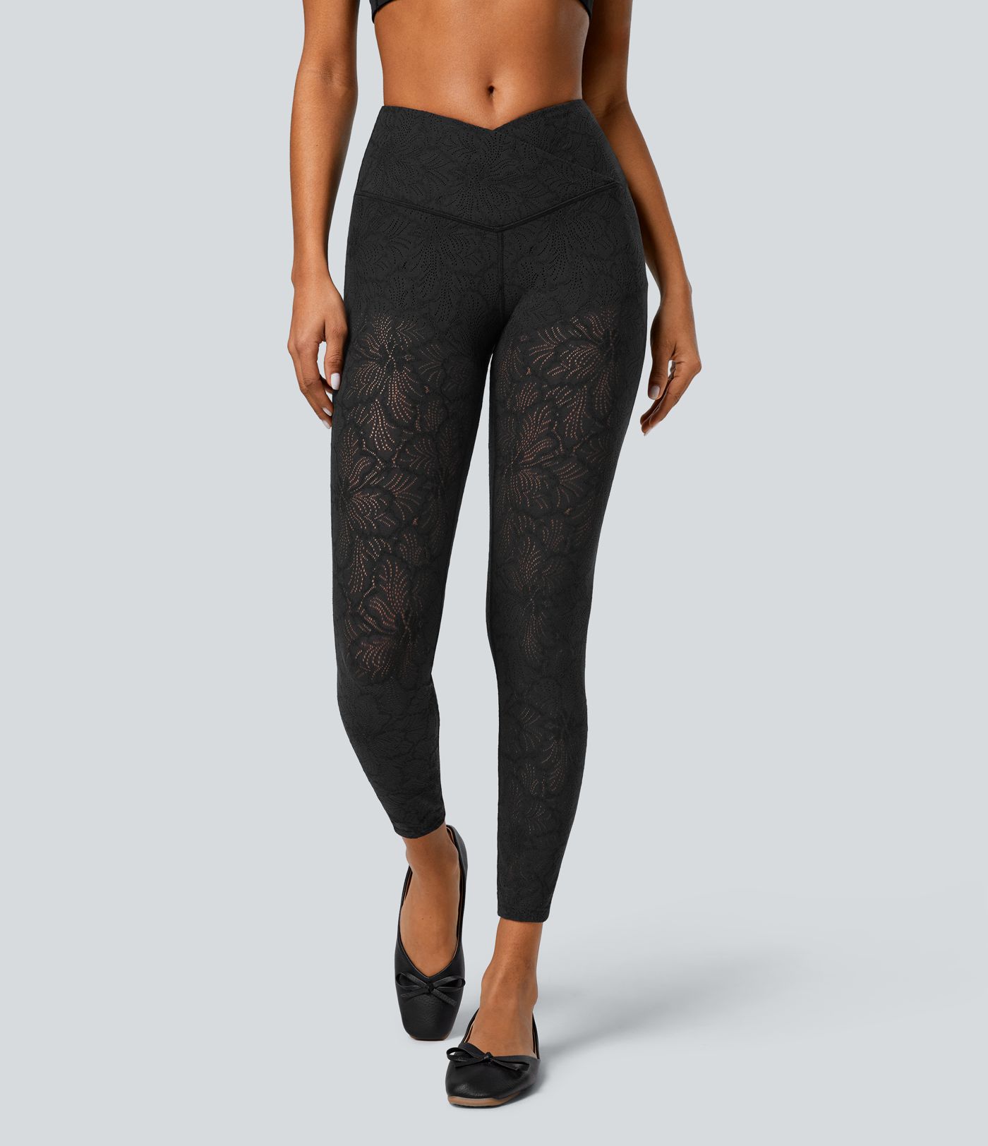 Legging Casual 7/8 en Dentelle à Taille Haute Croisée 2 en 1