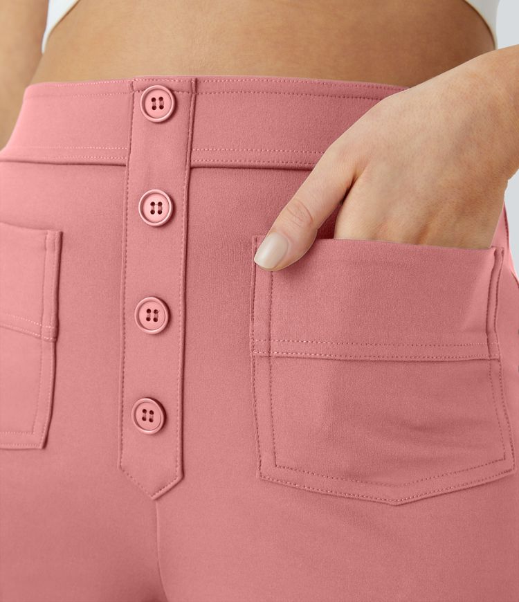 High Waisted Pockets Straight Leg Casual Pants