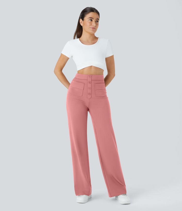High Waisted Pockets Straight Leg Casual Pants