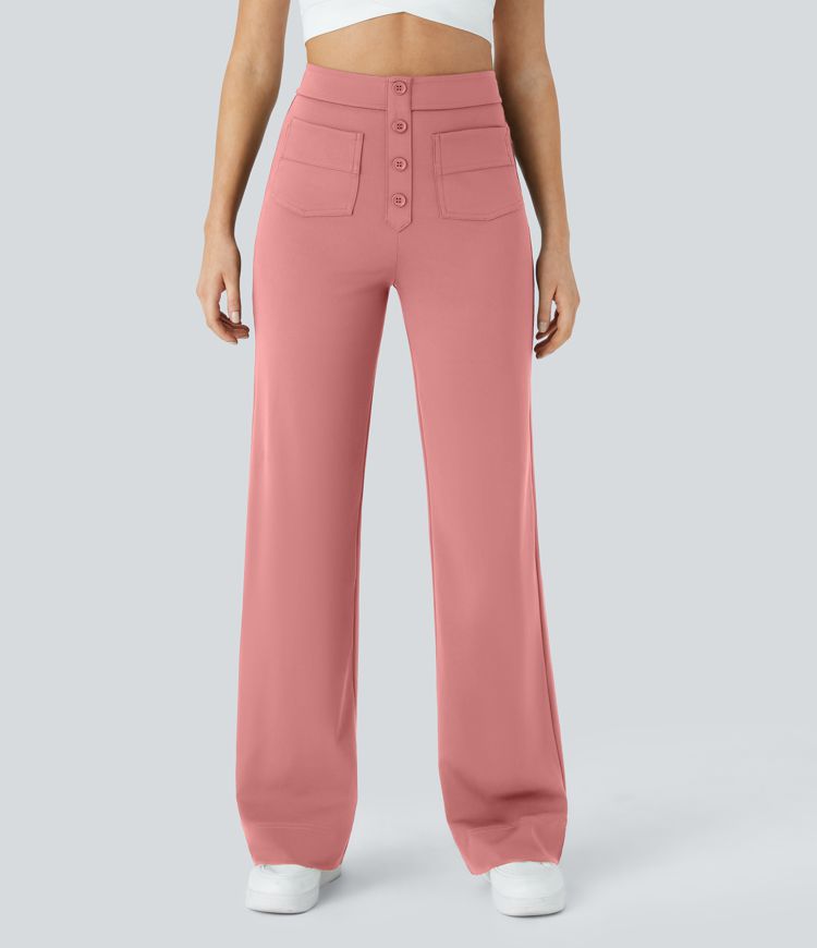 High Waisted Button Multiple Pockets Straight Leg Casual Pants