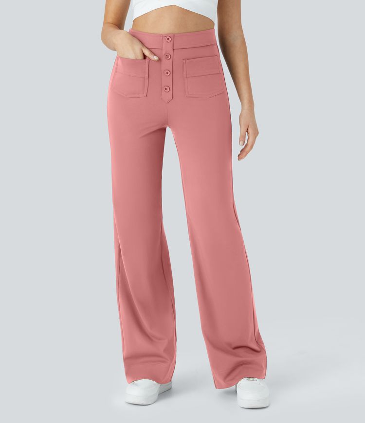 High Waisted Pockets Straight Leg Casual Pants