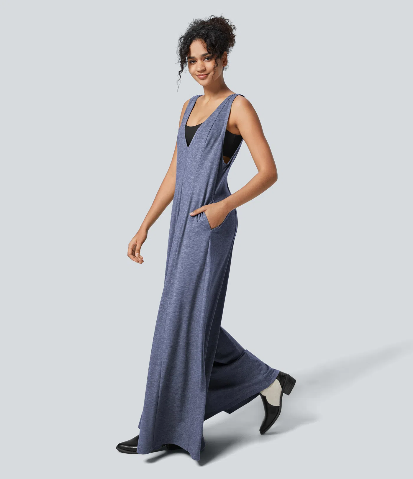 V Neck Side Pocket Draped Wide Leg Flowy Casual Jumpsuit
