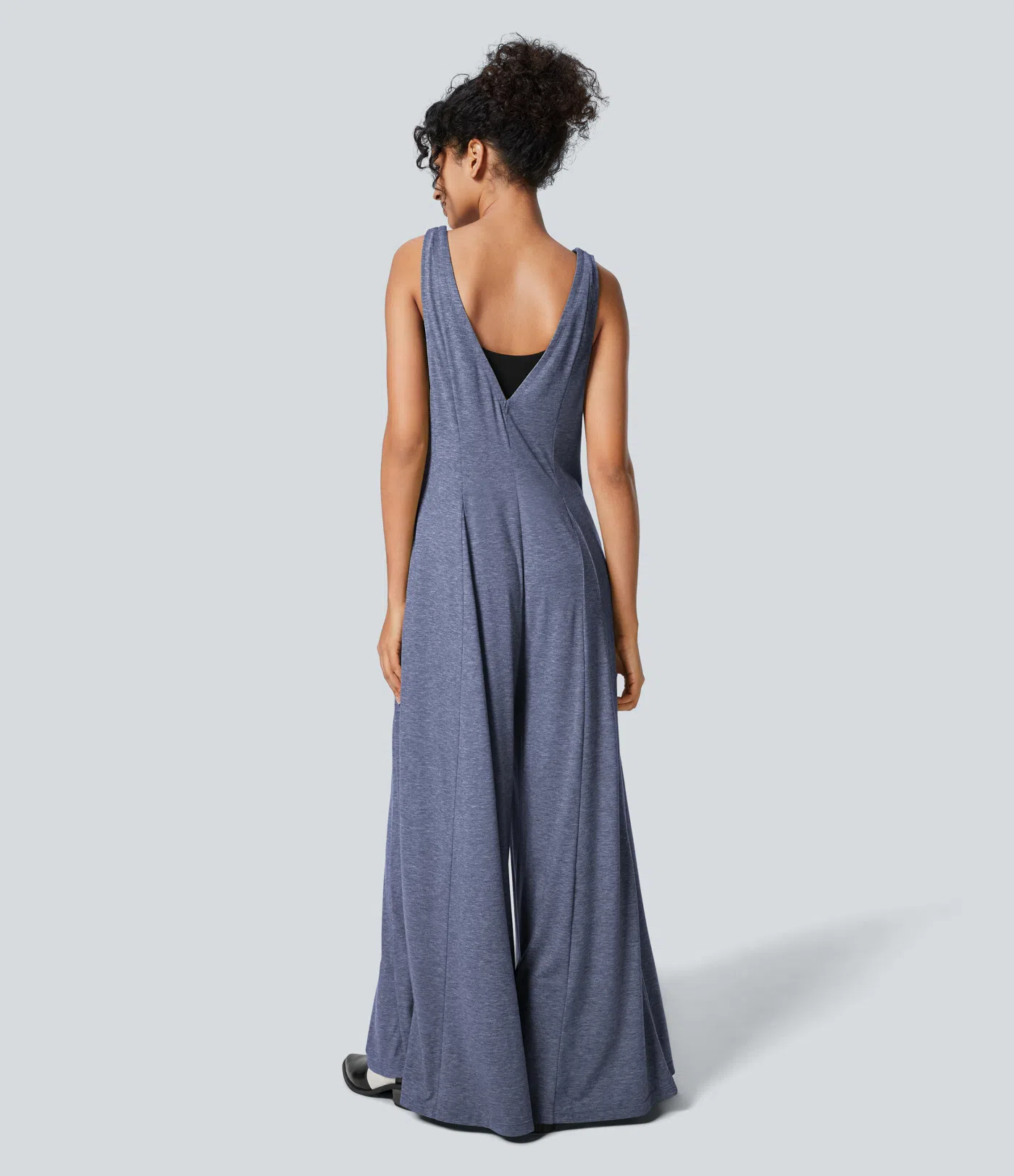 V Neck Side Pocket Draped Wide Leg Flowy Casual Jumpsuit