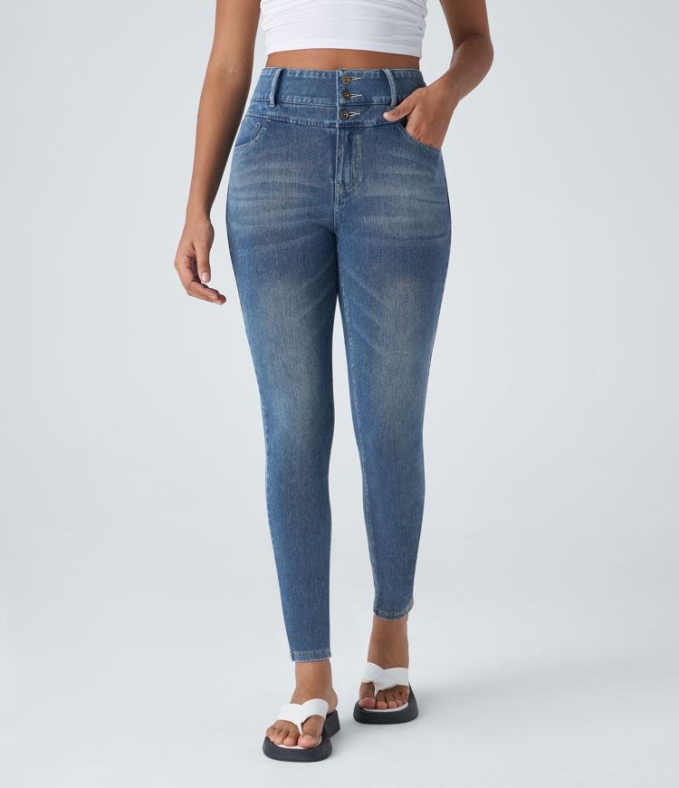 HalaraMagic™ High Waisted Button Zipper Multiple Pockets Stretchy Knit Casual Skinny Jeans