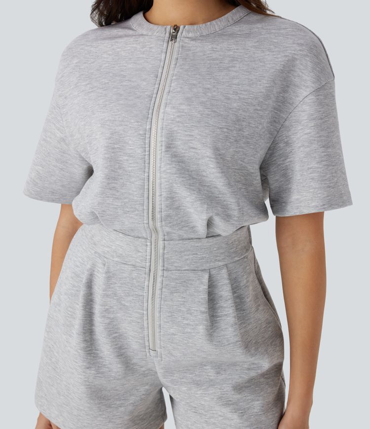 Zipper Cut Out Drawstring Pocket Yoga Jumpsuit