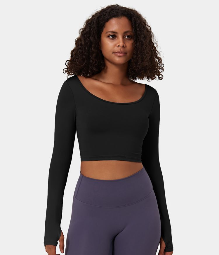 Softlyzero™ Airy U Neck Backless Cut Out Twisted Thumb Hole Cropped Cool Touch Yoga Sports Top-UPF50+