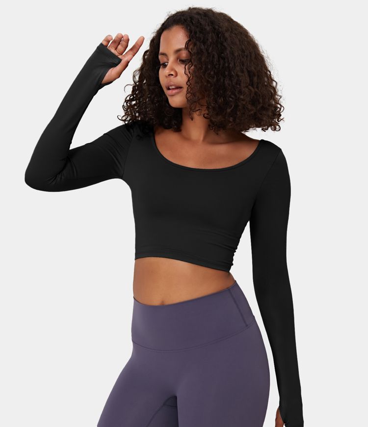 Softlyzero™ Airy U Neck Backless Cut Out Twisted Thumb Hole Cropped Cool Touch Yoga Sports Top-UPF50+