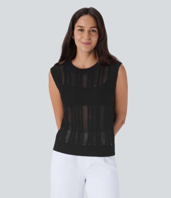 Crochet knit office vest with round neck