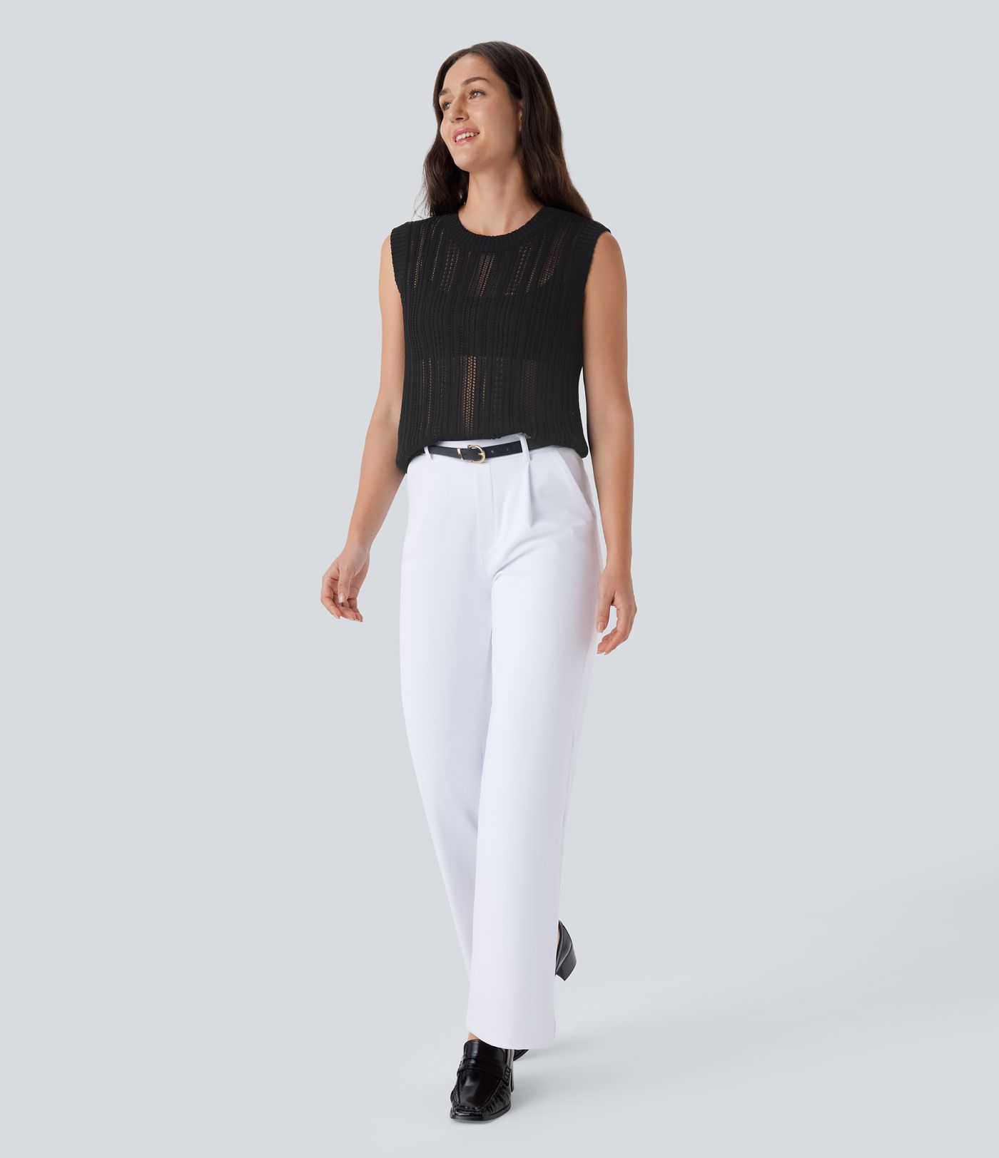 Crochet knit office vest with round neck